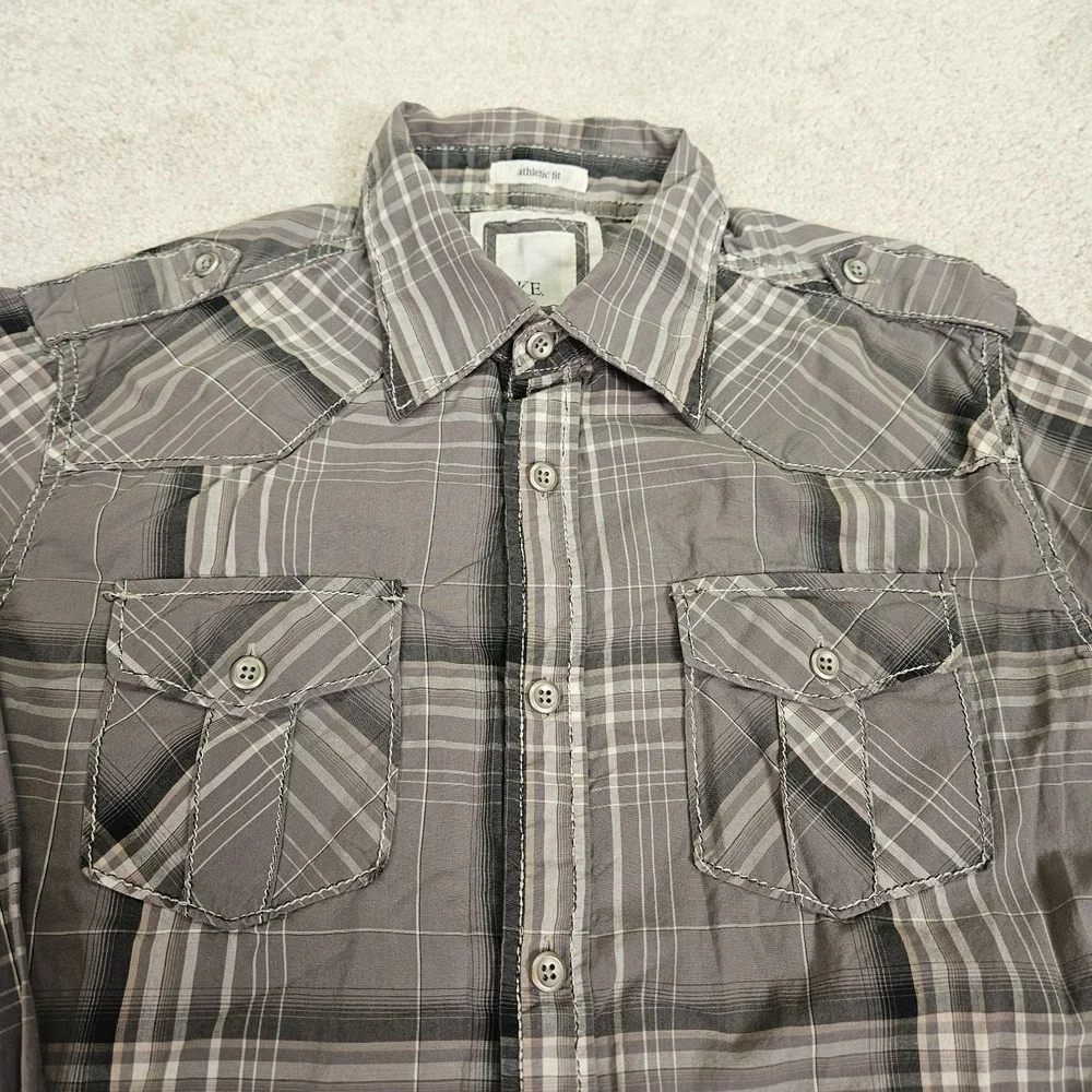 BKE‎ Button-Up Shirt Mens M Gray Plaid Long Sleeve Athletic Fit Flap Pockets